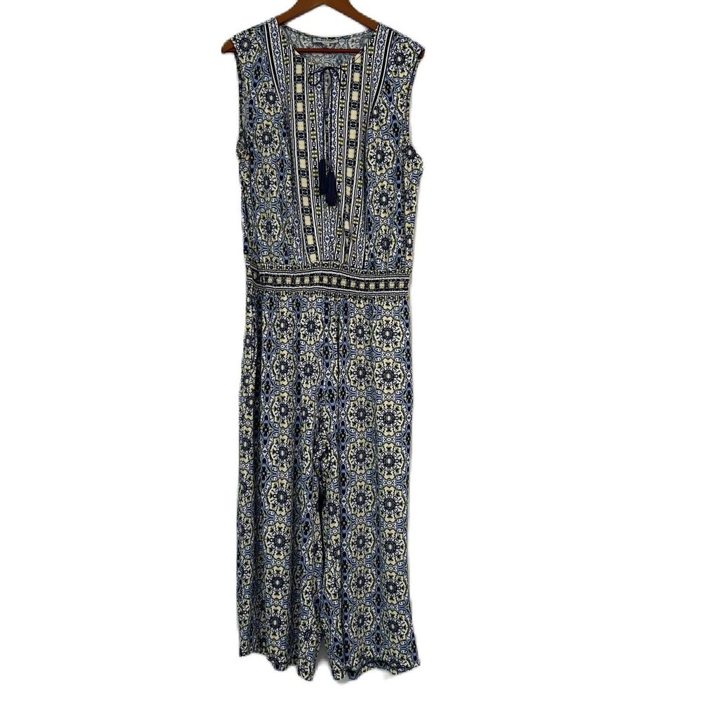 Shelby + Palmer Jumpsuit Women 2X Blue Yellow White Crop Pullover Tie Boho Comfy